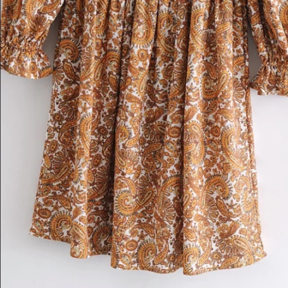 Retro Paisley Square Neck Smocked Boho Mini Dress - Picture 13 of 14